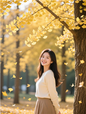 秋天小姐姐站在银杏树下的图片